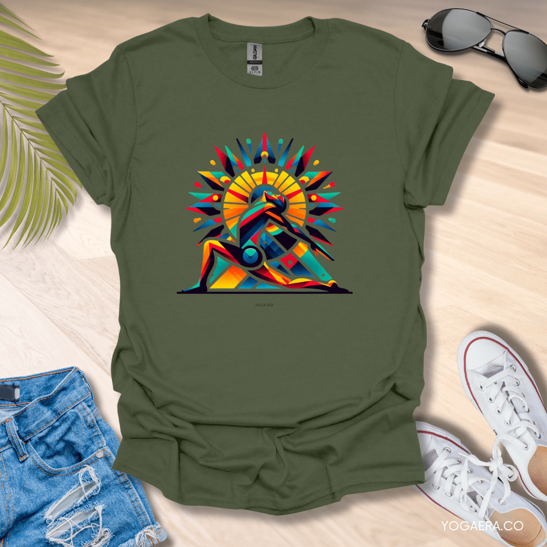 Abstract Salute the Sun Tee Military Green / S T-Shirt Yoga Era