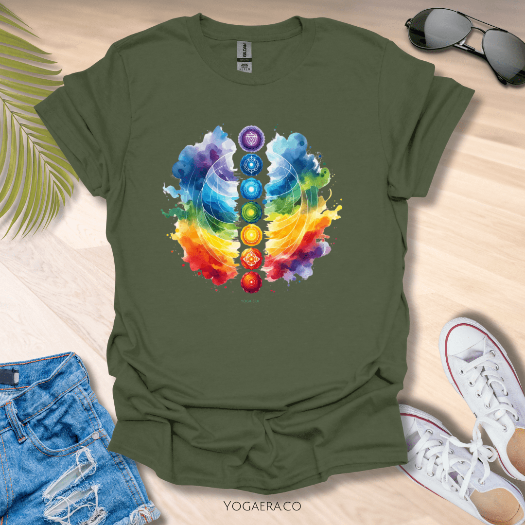 Artistic Watercolor Chakra Tee Military Green / S T-Shirt Yoga Era