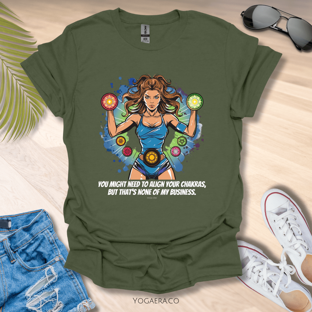 Chakra Superhero Yogi Tee • You Might Need to Align Your Chakras but That's None of My Business Military Green / S T-Shirt Yoga Era