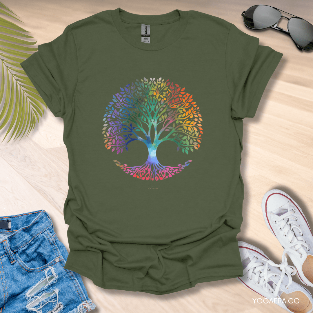 Colorful Gradient Tree of Life Tee Military Green / S T-Shirt Yoga Era