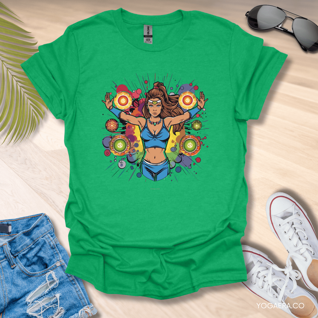 Comic Book Art Chakra Superpower Tee Heather Irish Green / S T-Shirt Yoga Era