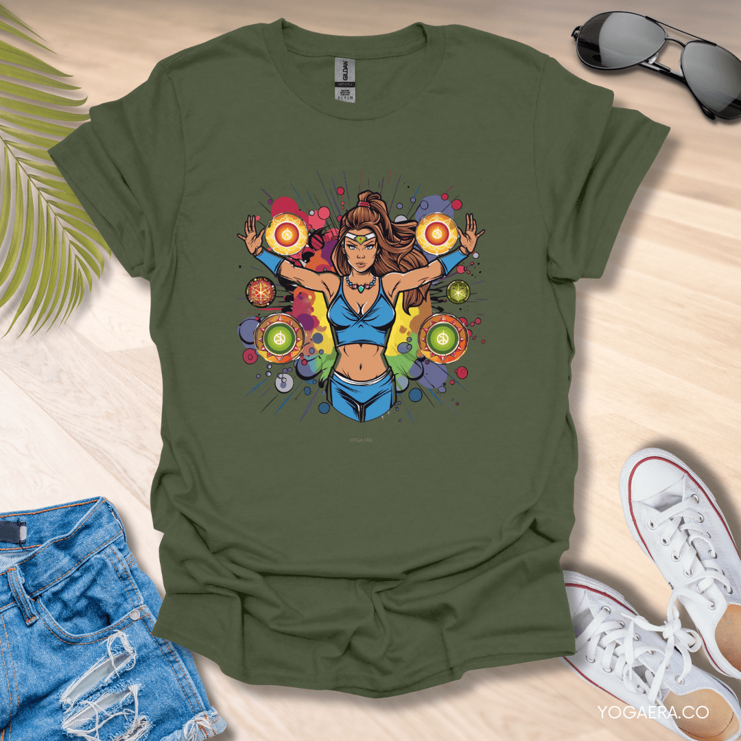 Comic Book Art Chakra Superpower Tee Military Green / S T-Shirt Yoga Era
