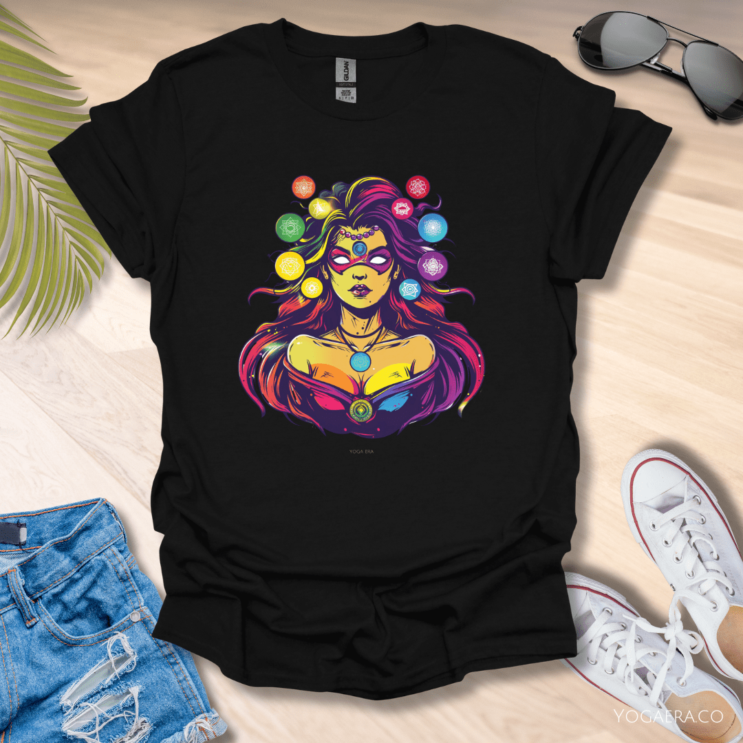 Comic Book Chakra Goddess Superhero Tee Black / S T-Shirt Yoga Era