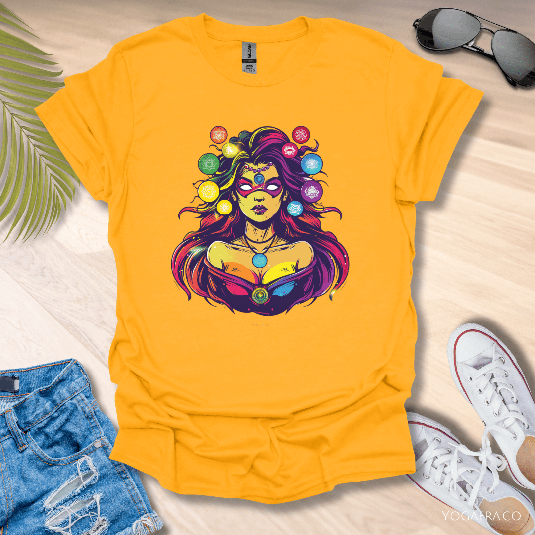 Comic Book Chakra Goddess Superhero Tee Gold / S T-Shirt Yoga Era