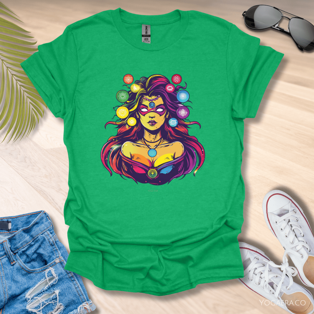 Comic Book Chakra Goddess Superhero Tee Heather Irish Green / S T-Shirt Yoga Era
