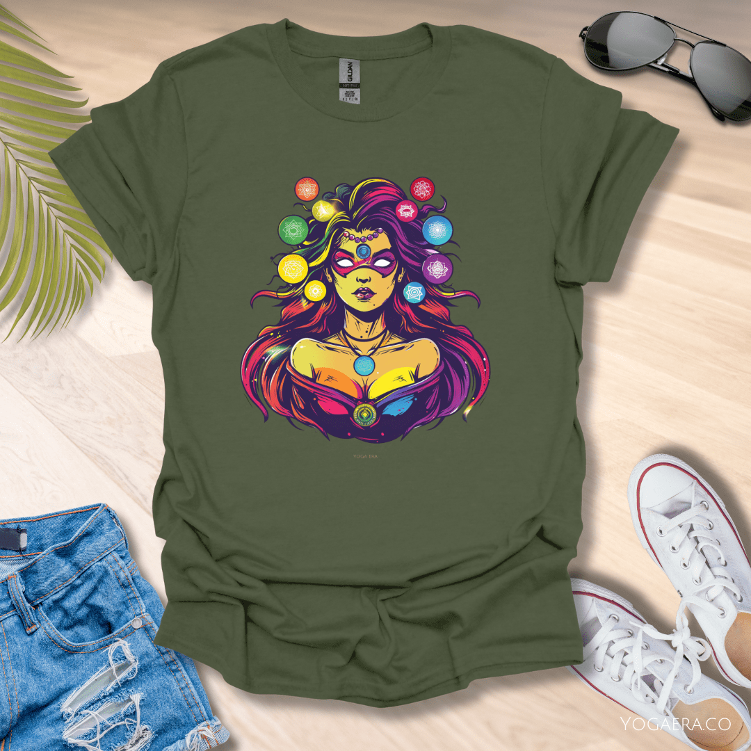 Comic Book Chakra Goddess Superhero Tee Military Green / S T-Shirt Yoga Era
