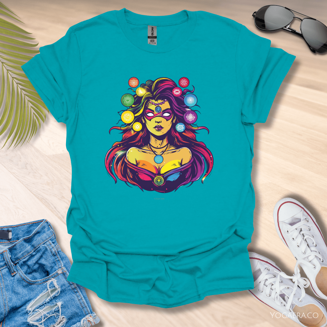 Comic Book Chakra Goddess Superhero Tee Tropical Blue / S T-Shirt Yoga Era