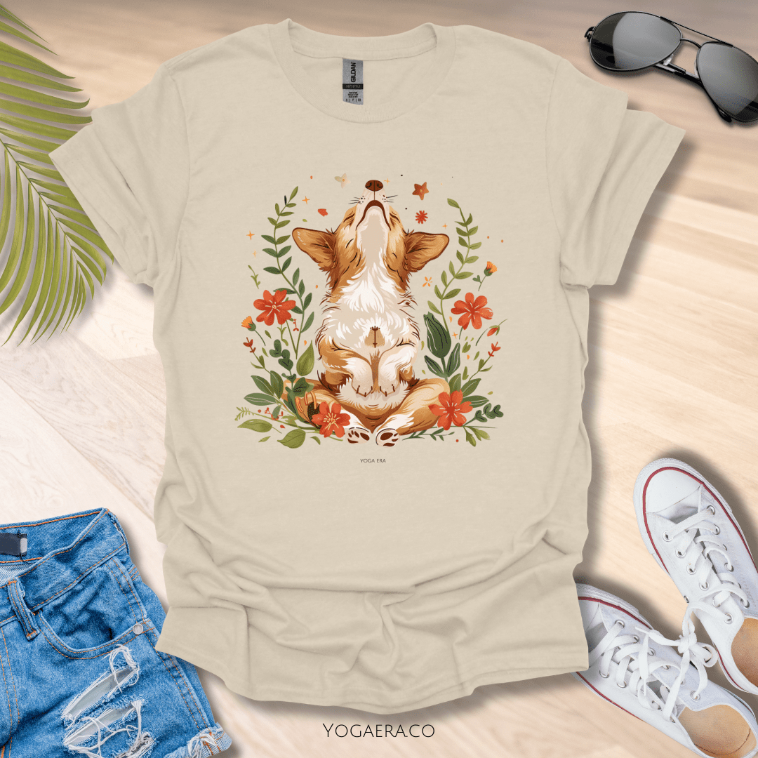 Cute Whimsical Meditating Dog Tee Natural / S T-Shirt Yoga Era