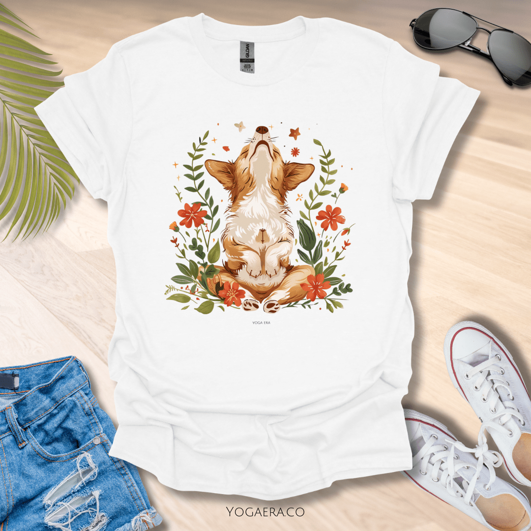 Cute Whimsical Meditating Dog Tee White / S T-Shirt Yoga Era