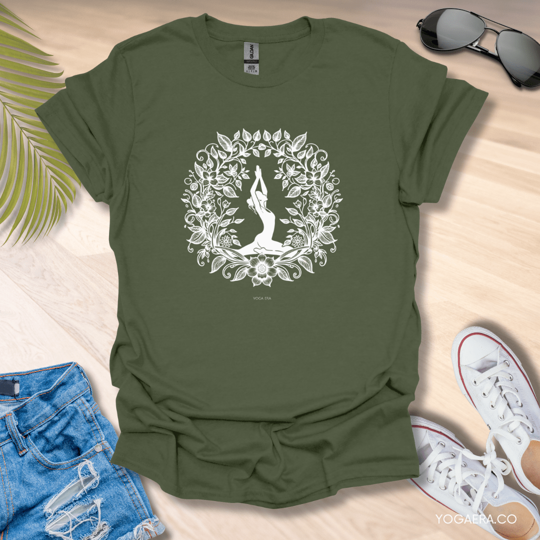Floral Botanical Ink Art Tee Military Green / S T-Shirt Yoga Era