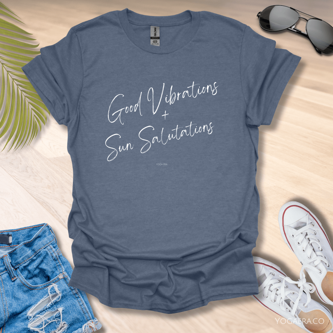 Good Vibrations & Sun Salutations Tee Heather Indigo / S T-Shirt Yoga Era