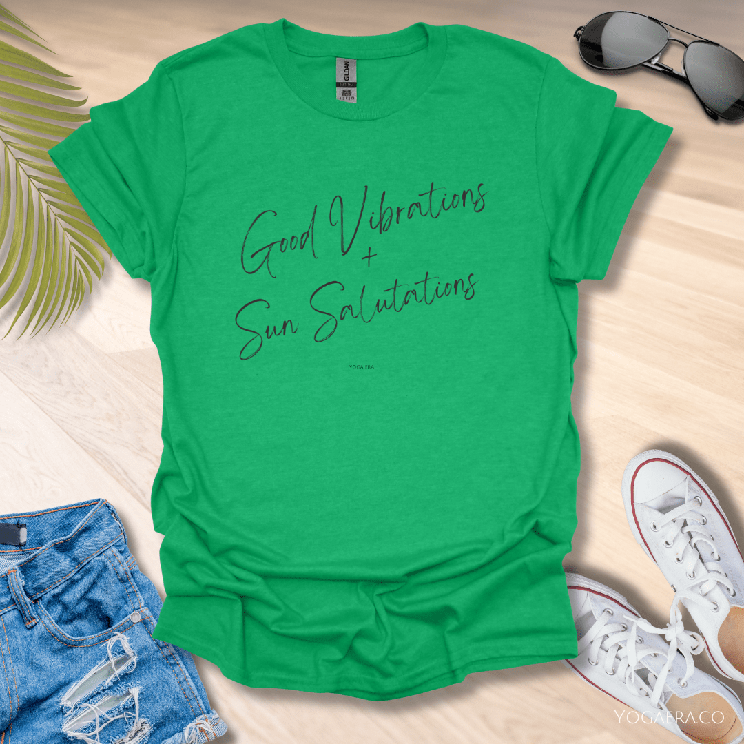 Good Vibrations & Sun Salutations Tee Heather Irish Green / S T-Shirt Yoga Era
