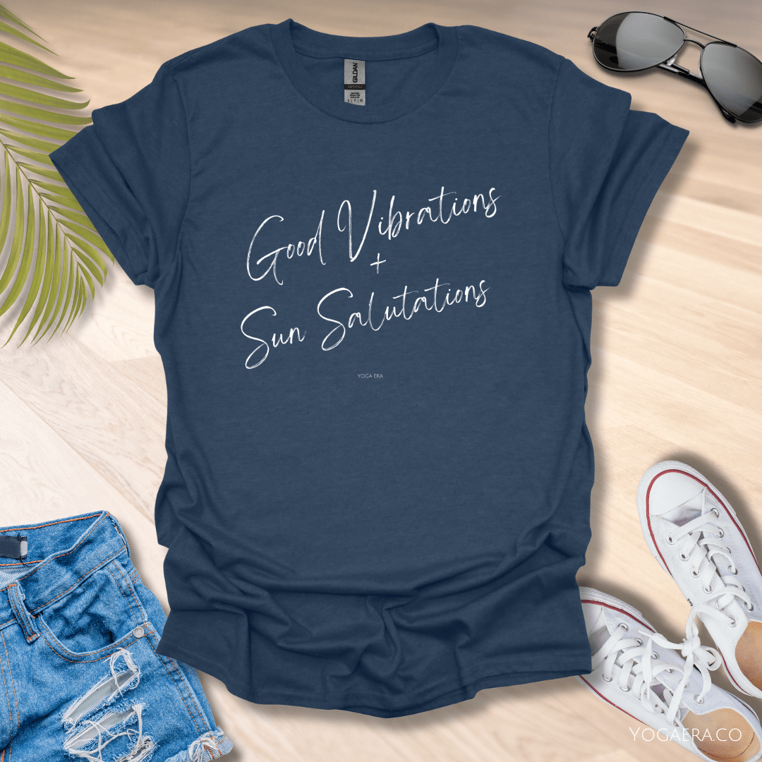 Good Vibrations & Sun Salutations Tee Heather Navy / S T-Shirt Yoga Era
