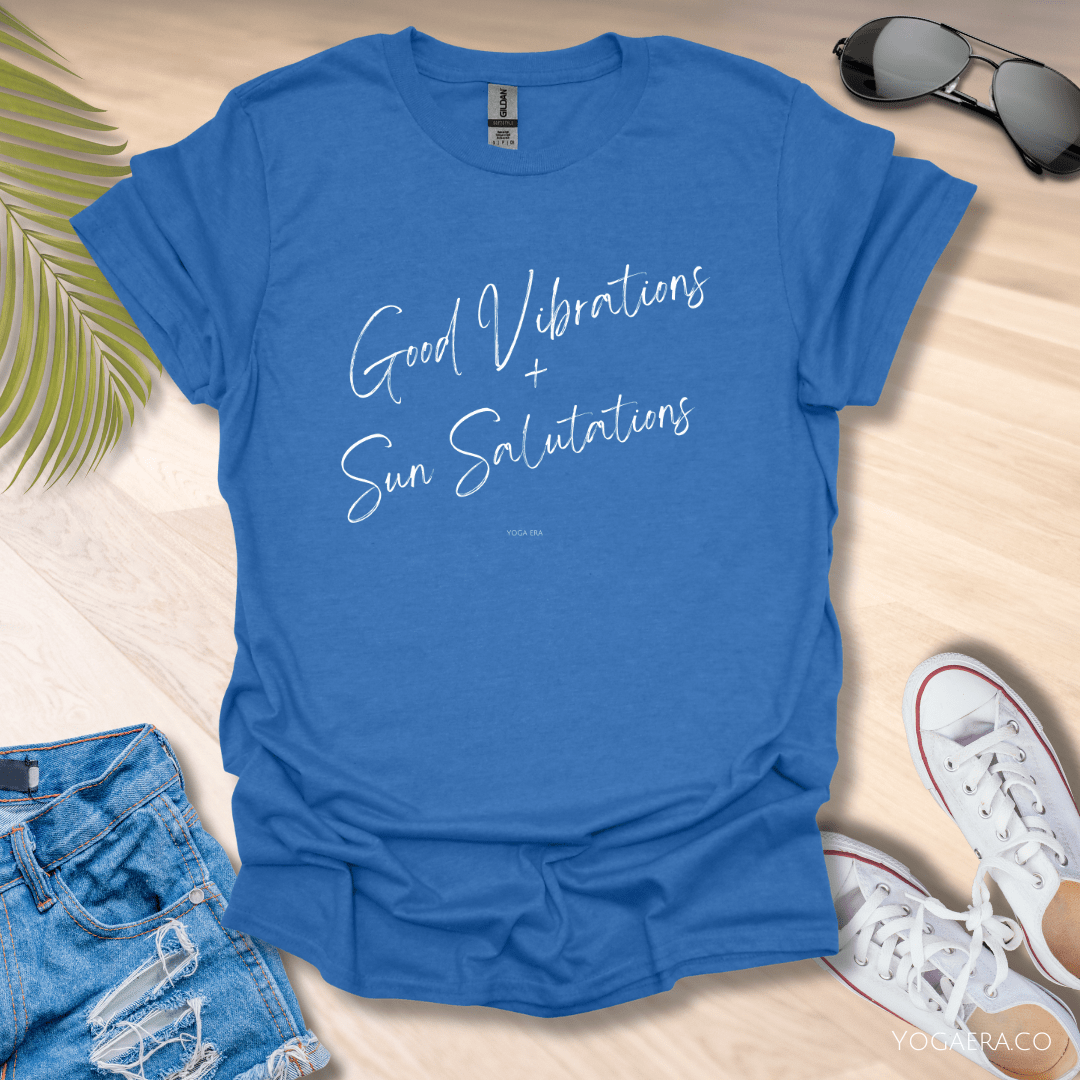 Good Vibrations & Sun Salutations Tee Heather Royal / S T-Shirt Yoga Era
