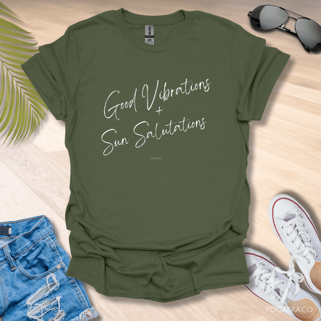 Good Vibrations & Sun Salutations Tee Military Green / S T-Shirt Yoga Era