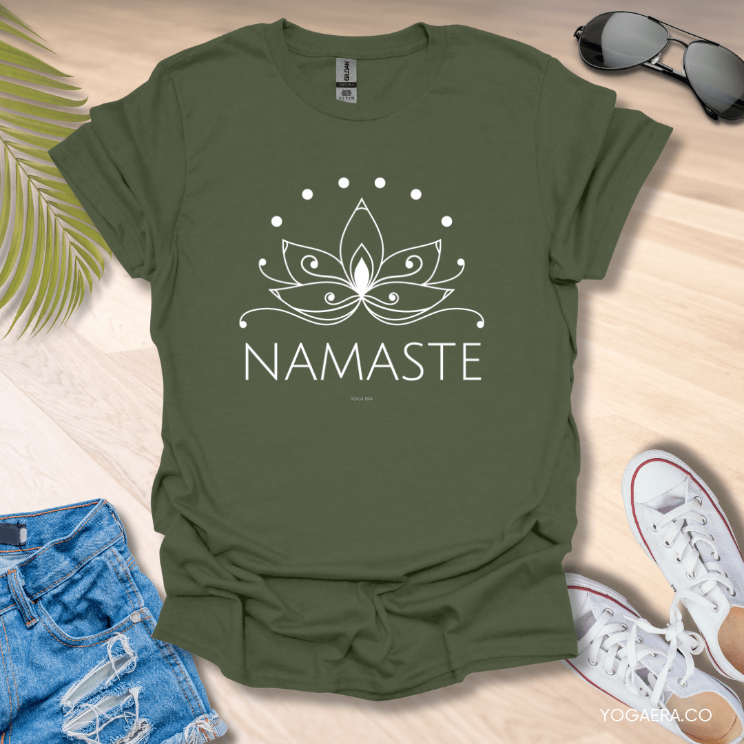 Line Art Lotus Flower Namaste Tee Military Green / S T-Shirt Yoga Era
