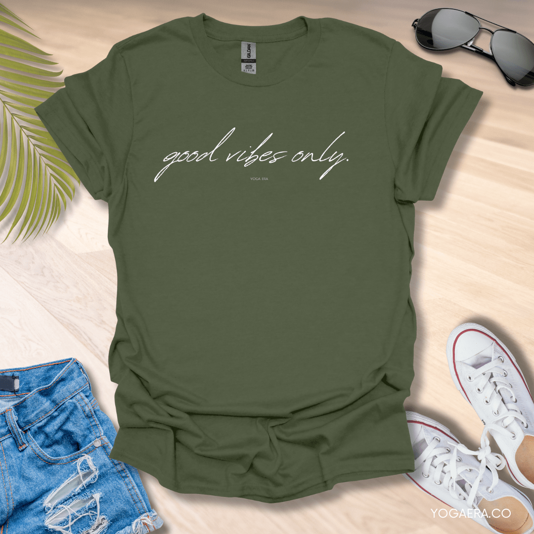 Minimalist Good Vibes Only Tee Military Green / S T-Shirt Yoga Era