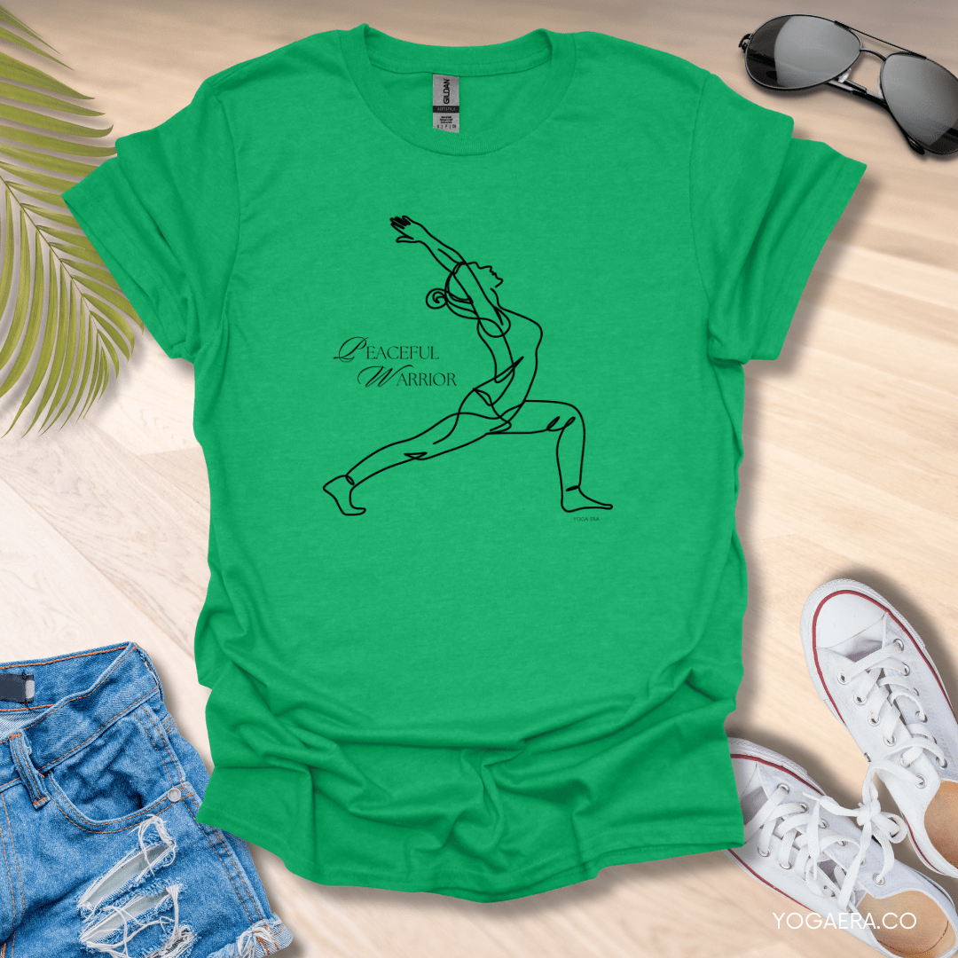 Peaceful Warrior Line Art Yogi Tee Heather Irish Green / S T-Shirt Yoga Era