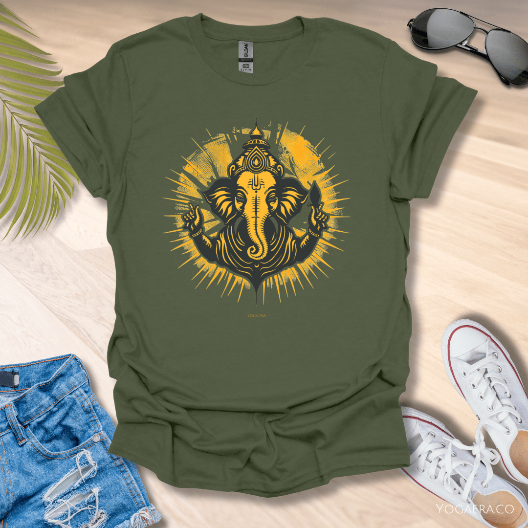 Retro Ganesha Tee • The elephant headed deity, remover of obstacles Military Green / S T-Shirt Yoga Era