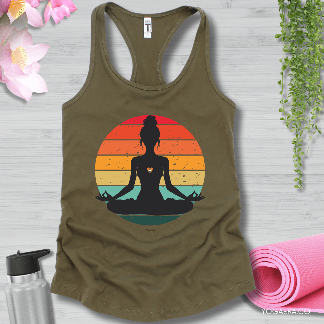 Retro Vintage Yogi Silhouette Sunset Tank XS / Military Green Tank Top Yoga Era
