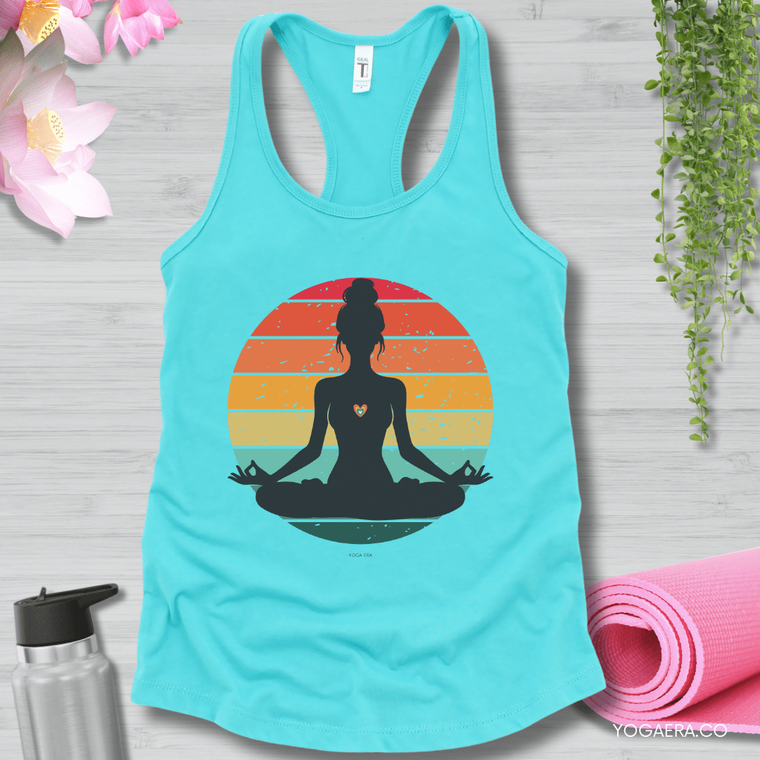 Retro Vintage Yogi Silhouette Sunset Tank XS / Tahiti Blue Tank Top Yoga Era