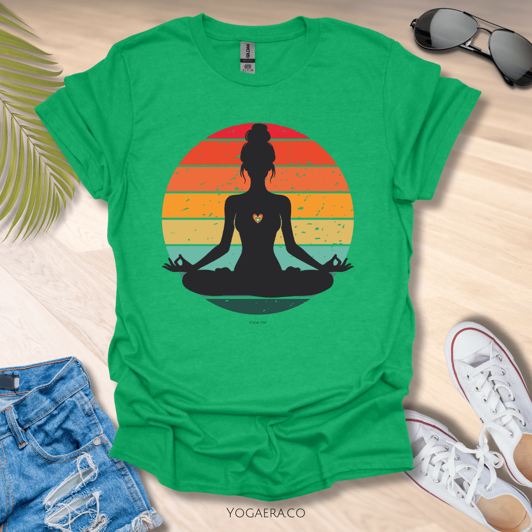 Retro Vintage Yogi Silhouette Sunset Tee Heather Irish Green / S T-Shirt Yoga Era