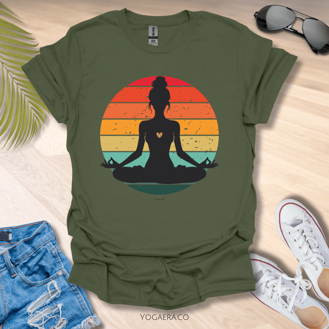 Retro Vintage Yogi Silhouette Sunset Tee Military Green / S T-Shirt Yoga Era