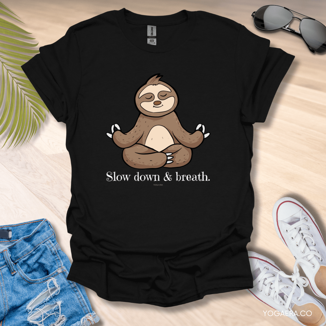 Slow Down and Breath Sloth Tee Black / S T-Shirt Yoga Era