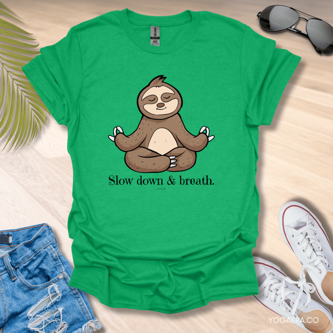 Slow Down and Breath Sloth Tee Heather Irish Green / S T-Shirt Yoga Era