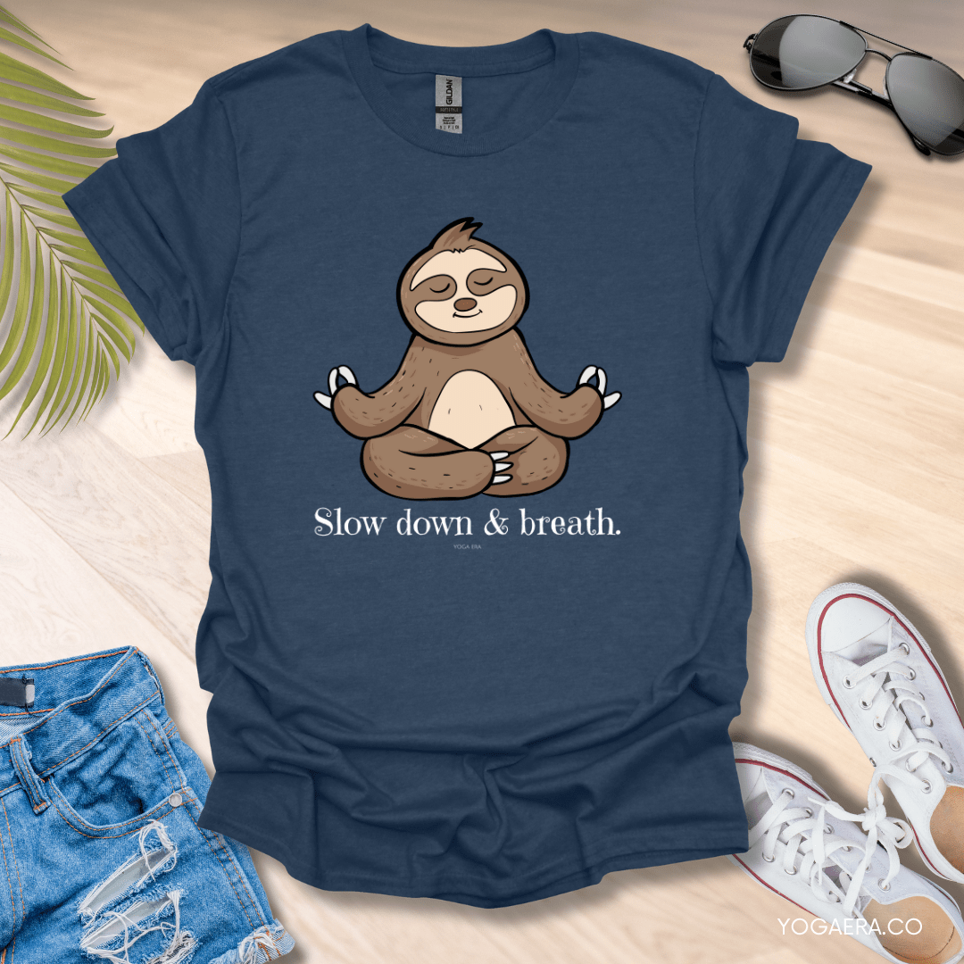Slow Down and Breath Sloth Tee Heather Navy / S T-Shirt Yoga Era