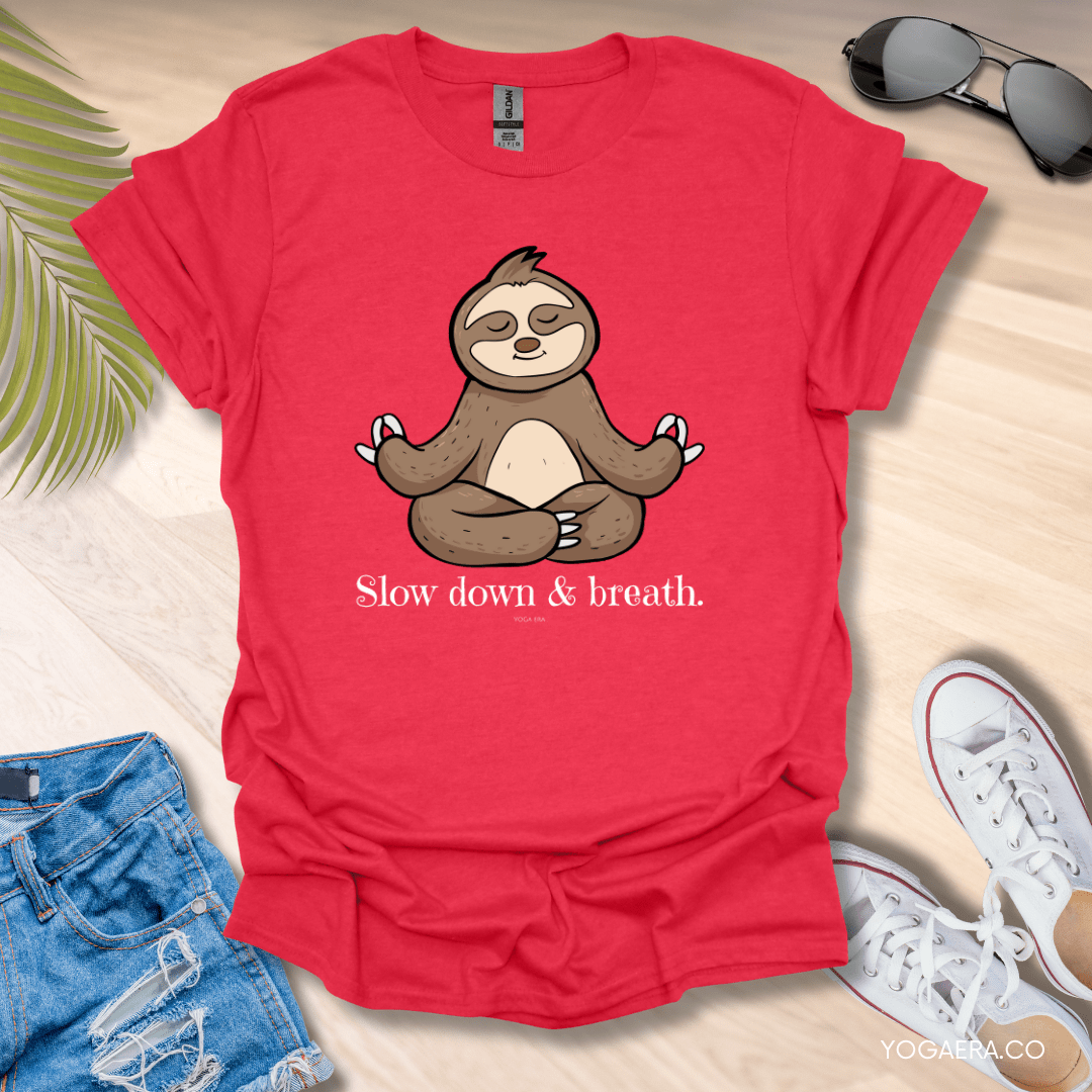 Slow Down and Breath Sloth Tee Heather Red / S T-Shirt Yoga Era