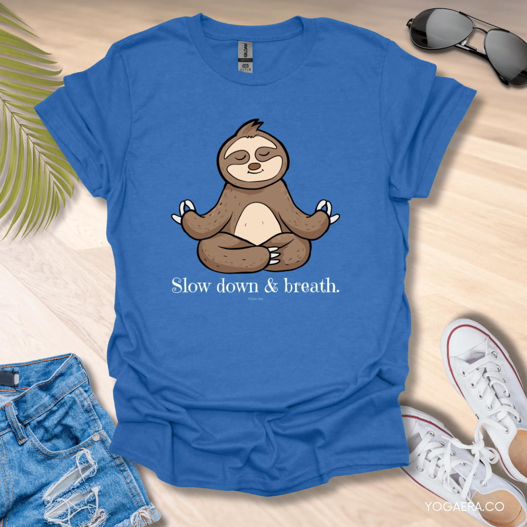 Slow Down and Breath Sloth Tee Heather Royal / S T-Shirt Yoga Era