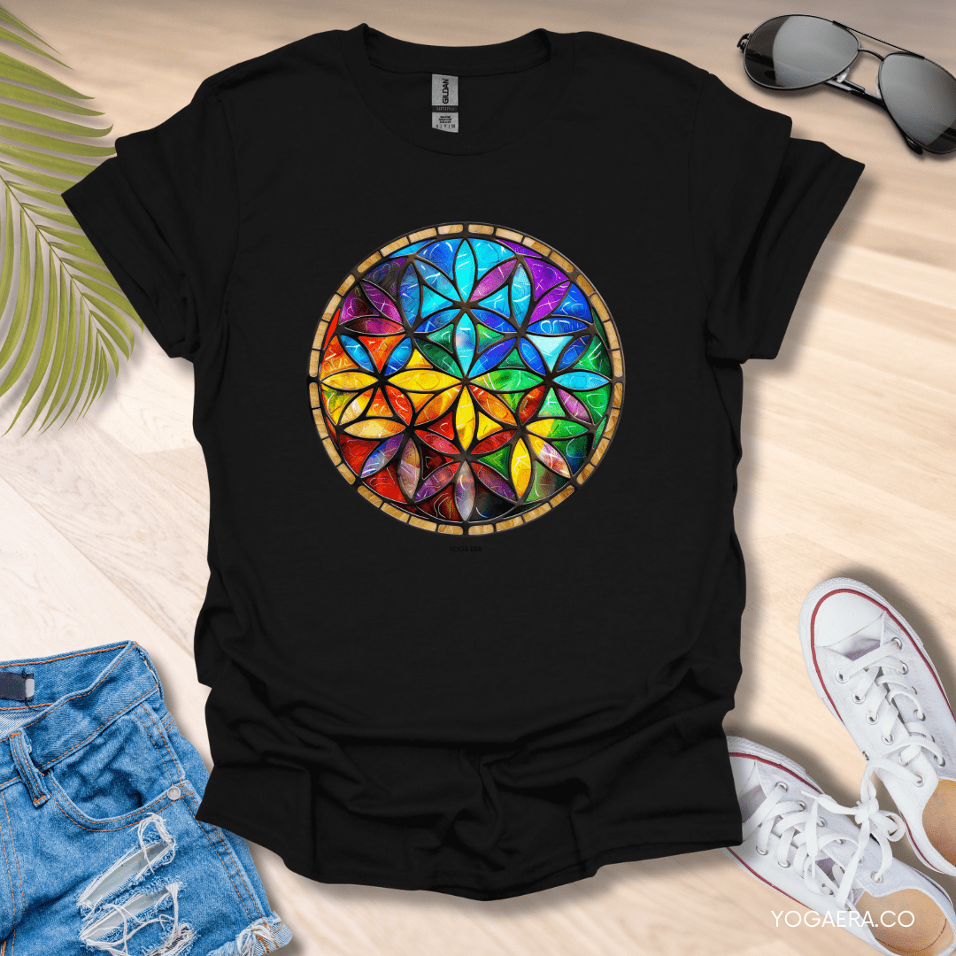 Stained Glass Flower of Life Tee Black / S T-Shirt Yoga Era