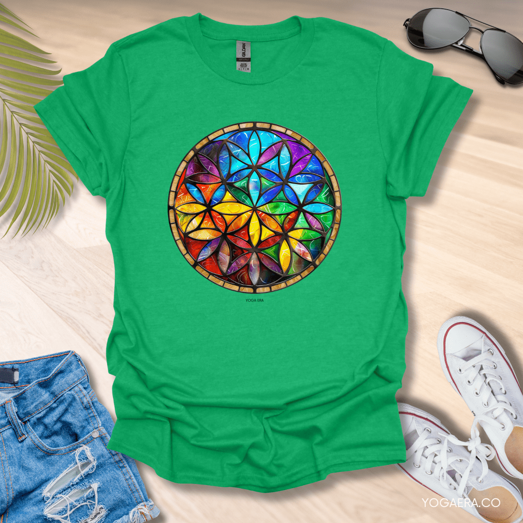 Stained Glass Flower of Life Tee Heather Irish Green / S T-Shirt Yoga Era