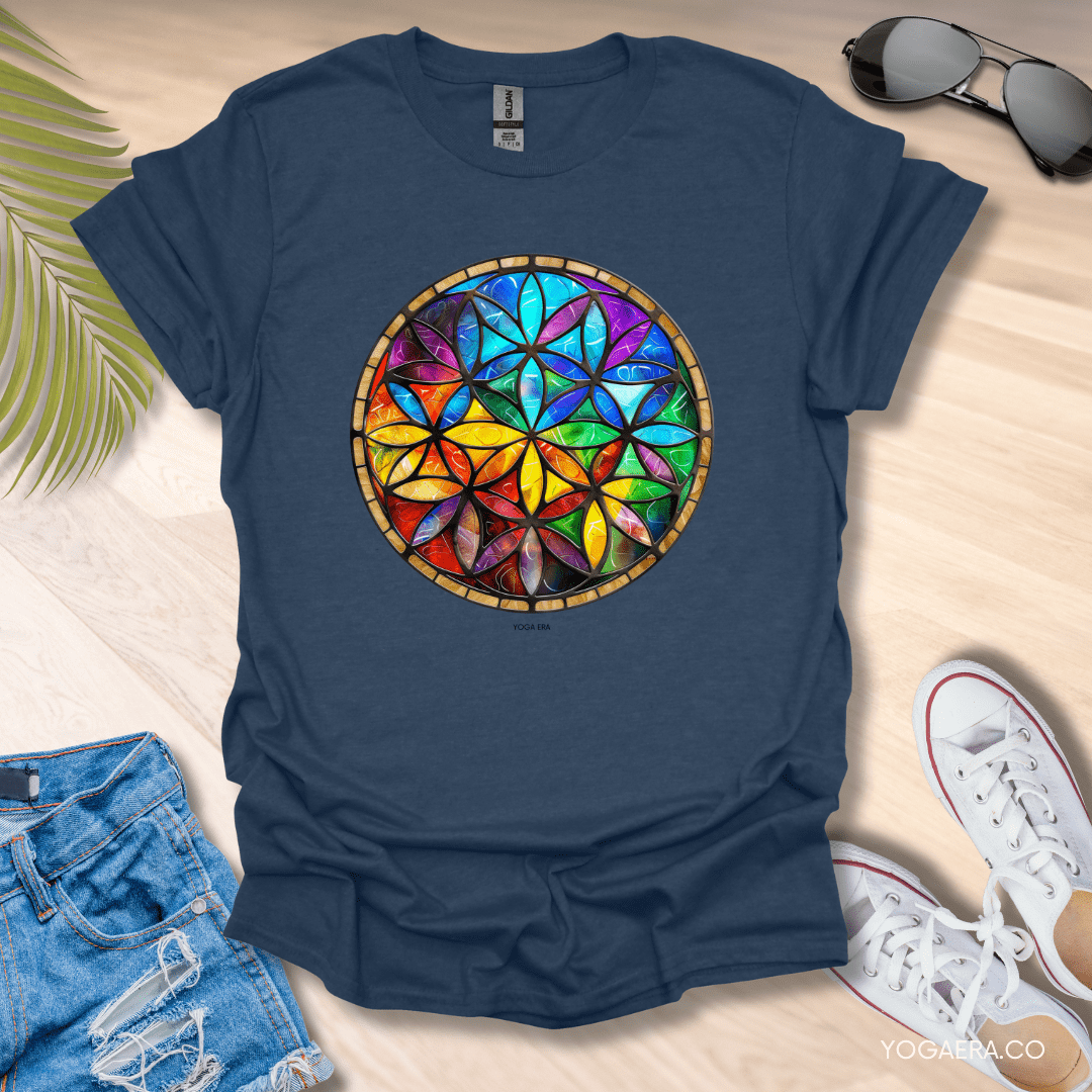 Stained Glass Flower of Life Tee Heather Navy / S T-Shirt Yoga Era