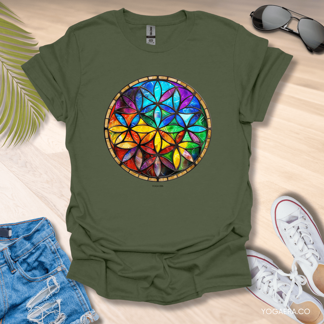 Stained Glass Flower of Life Tee Military Green / S T-Shirt Yoga Era