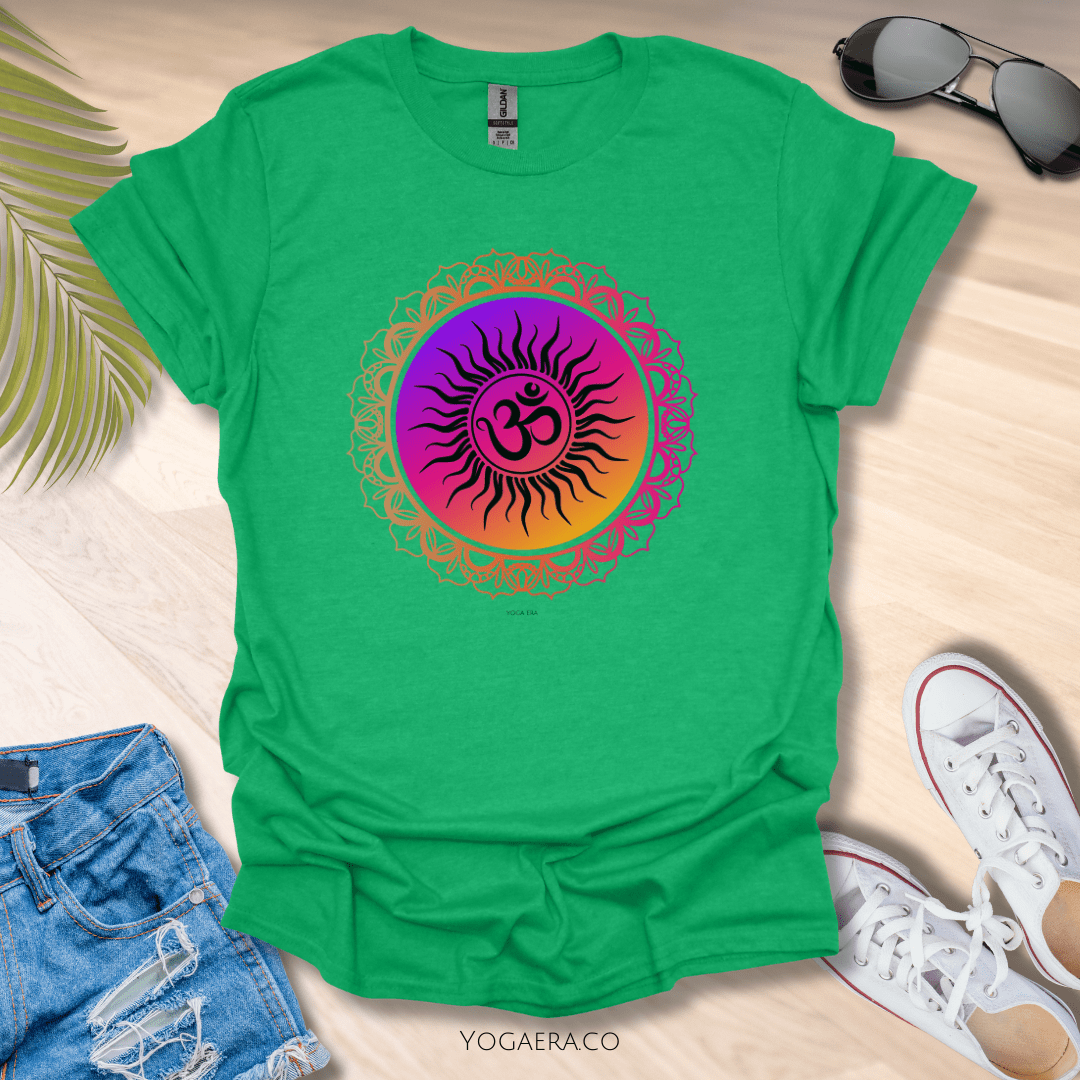 Vibrant Gradient Om Symbol Sun Tee Heather Irish Green / S T-Shirt Yoga Era