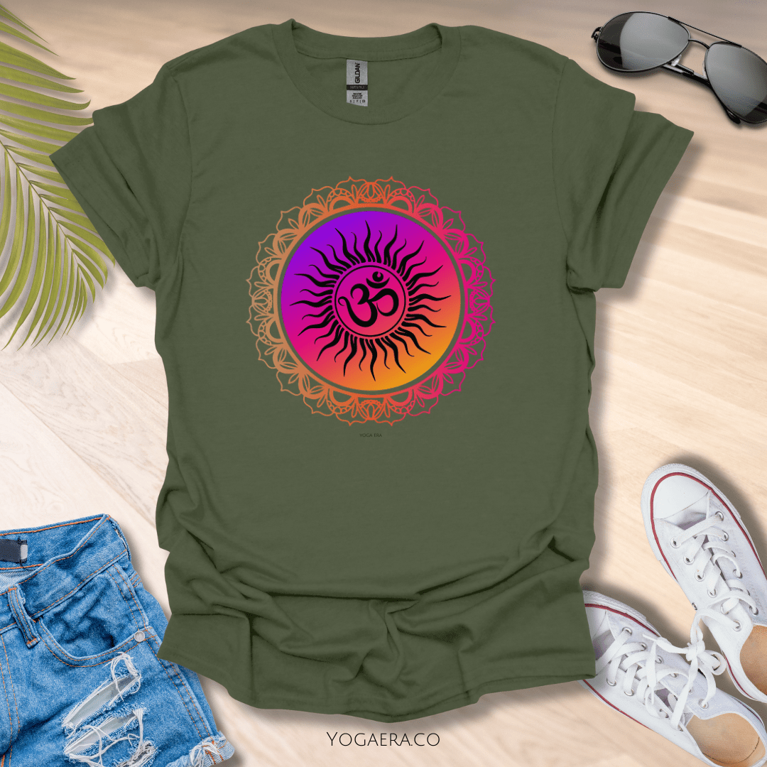 Vibrant Gradient Om Symbol Sun Tee Military Green / S T-Shirt Yoga Era