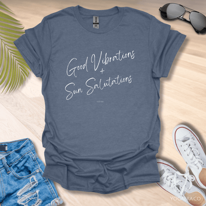 Good Vibrations & Sun Salutations Tee Heather Indigo / S T-Shirt Yoga Era