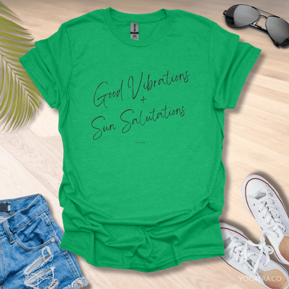 Good Vibrations & Sun Salutations Tee Heather Irish Green / S T-Shirt Yoga Era