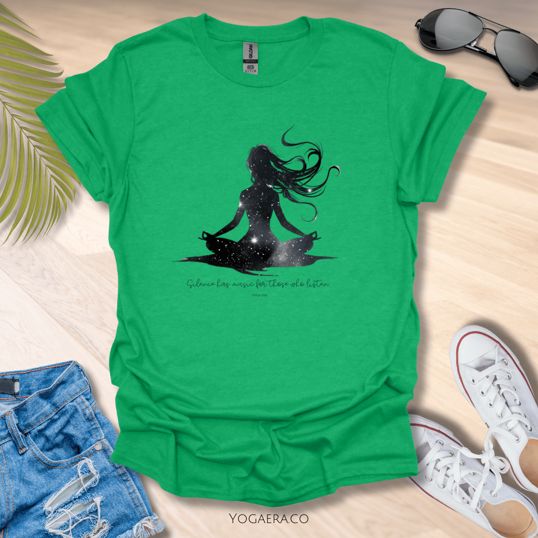 Silence Has Music For Those Who Listen • Yogi Silhouette Tee Heather Irish Green / S T-Shirt Yoga Era